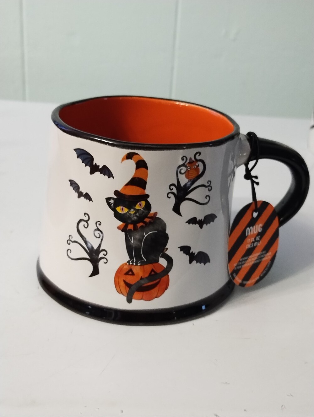 NWT Halloween Black Cat Ceramic Mug - Orange Interior